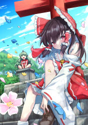 2girls absurdres ascot blue_flower blue_sky blush bow brown_hair brown_shoes closed_mouth cloud commentary_request curly_hair day detached_sleeves falling_flower flower frilled_bow frilled_hair_tubes frills green_eyes green_hair hair_bow hair_tubes hakurei_reimu highres horns kariyushi_shirt komainu_ears komainu_girl komano_aunn long_hair looking_at_viewer multiple_girls outdoors pink_flower red_bow red_eyes red_shirt red_shorts ribbon-trimmed_sleeves ribbon_trim shirt shoes short_sleeves shorts single_horn sitting sitting_on_stairs skirt skirt_set sky smile stairs torii touhou very_long_hair yellow_ascot yuuka_(a0240765)