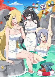 3girls :d absurdres apron armpits autumn_leaves black_eyes black_hair blonde_hair blue_eyes blush blush_stickers breasts cleavage cloud crossover cynthia_(pokemon) day eggman_(ni_tamagoex) flower food froslass fubuki_(senran_kagura) gen_4_pokemon gible grey_eyes grey_hair hair_flower hair_ornament hair_over_one_eye high_ponytail highres holding ice_cream innertube large_breasts leaf long_hair medium_hair multiple_girls naked_towel nintendo one_eye_closed onsen open_mouth outdoors pale_skin pokemon pokemon_dppt ponytail rock senran_kagura senran_kagura_estival_versus senran_kagura_new_link sidelocks sitting sky smile swim_ring towel tray tree very_long_hair wading water yumi_(senran_kagura)