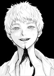 Rule 34 | 2boys, black background, blush, collared shirt, deep wound, greyscale, hashtag-only commentary, hhihhikiki, highres, hikaru ga shinda natsu, indou hikaru, injury, looking at viewer, male focus, monochrome, multiple boys, open clothes, open mouth, open shirt, out of frame, pov, pov hands, shirt, short hair, simple background, smile, solo focus, teeth, tongue, tsujinaka yoshiki, upper teeth only