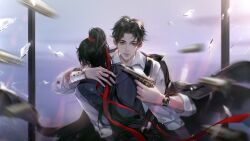 2boys alternate_costume bandaged_wrist bandages black_coat black_eyes black_hair black_vest blood blood_stain chinese_commentary closed_mouth cloud coat coat_on_shoulders collared_shirt commentary_request contemporary expressionless floating_clothes from_behind glass_shards gun gun_to_head hair_ribbon hand_on_another&#039;s_back handgun high_ponytail highres holding holding_gun holding_weapon lan_wangji light_particles light_rays lips long_hair long_sleeves looking_at_viewer male_focus modao_zushi multiple_boys ocean parted_bangs pink_lips ponytail red_ribbon ribbon shirt short_hair sleeve_cuffs sunlight suspenders thick_eyebrows upper_body vest watch weapon wei_wuxian white_shirt window wristwatch ye_dian_pikaqiu