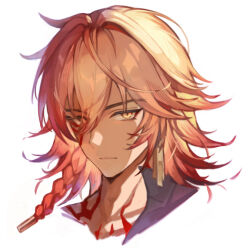 1boy black_coat blonde_hair braid coat earrings facial_tattoo gold_earrings gradient_hair hair_between_eyes hashtag-only_commentary honkai:_star_rail honkai_(series) jewelry looking_at_viewer male_focus medium_hair multicolored_hair mydei_(honkai:_star_rail) open_clothes open_coat portrait red_hair red_tattoo renian side_braid simple_background solo tattoo white_background yellow_eyes