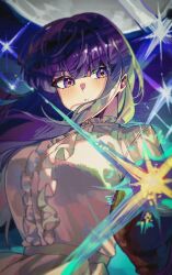 1girl 46_coffee absurdres belt blurry blush breasts center_frills cloak dress fern_(sousou_no_frieren) frills full_moon hashtag-only_commentary highres large_breasts long_hair looking_at_viewer magic moon night night_sky off_shoulder parted_lips purple_eyes purple_hair sidelocks sky solo sousou_no_frieren sparkle upper_body v-shaped_eyebrows white_dress