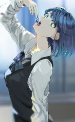 1girl black_sweater_vest blue_bow blue_bowtie blue_gemstone blue_hair blurry blurry_background bow bowtie collared_shirt commentary cowboy_shot funi_mu9 gem green_eyes highres kurokawa_akane long_sleeves looking_at_viewer medium_hair open_mouth oshi_no_ko school_uniform shirt solo star-shaped_pupils star_(symbol) sweater_vest symbol-shaped_pupils tongue tongue_out white_shirt