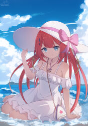 Rule 34 | 1girl, alternate costume, arm support, backlighting, bare shoulders, barefoot, blue eyes, blue sky, blunt bangs, bow, braid, breasts, closed mouth, cloud, collarbone, commentary, contrail, cumulonimbus cloud, day, dress, eyelashes, floating hair, frilled dress, frills, full body, hair ornament, hairclip, hand on headwear, hand up, hat, hat bow, highres, huge bow, jewelry, kamiyama shiki, long hair, looking at viewer, necklace, ocean, off-shoulder dress, off shoulder, outdoors, pink bow, red hair, shiki hamaguri, signature, sitting, sky, small breasts, smile, solo, split mouth, straight hair, summer, summer pockets, sun hat, sundress, tassel, tassel hair ornament, toes, twin braids, twitter username, very long hair, water, white dress, white hat, yokozuwari