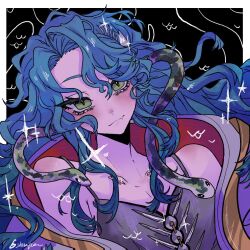 Rule 34 | 1girl, :3, bare shoulders, black background, blue hair, border, dress, fang, fang out, green eyes, grey dress, highres, hissabeth, jacket, long hair, looking at viewer, off shoulder, outside border, red pupils, reverse:1999, sleeveless, sleeveless dress, slit pupils, snake, snake on head, solo, soppy loser, spaghetti strap, sparkle, upper body, white border, white jacket