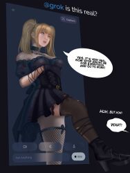 Rule 34 | 1girl, absurdres, ani (xai), black corset, black dress, black gloves, blonde hair, breasts, choker, corset, dress, fishnet thighhighs, fishnets, gloves, goth fashion, grok (xai), highres, lace, lace-trimmed choker, lace-trimmed gloves, lace choker, lace collar, lace trim, large breasts, off-shoulder dress, off shoulder, rhynout, thighhighs, xai (company)