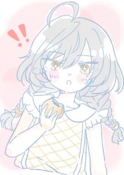! !! +_+ 1girl ahoge arm_at_side assault_lily bear_hair_ornament blush braid bread_bun commentary cropped_torso food food_bite frilled_shirt frilled_shirt_collar frills fumi_(fumifumi3axl) grey_hair hair_between_eyes hair_ornament hand_up highres holding holding_food jewelry long_hair looking_at_viewer low_twin_braids low_twintails official_alternate_costume official_alternate_hairstyle parted_lips pink_background plaid_clothes plaid_shirt ring sasaki_ran shirt sleeveless sleeveless_shirt solo twin_braids twintails two-tone_background upper_body white_background white_shirt yellow_eyes