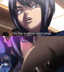 1girl 6+boys angry animated animated_gif anime_screenshot censored cheek_bulge cum cum_in_mouth cum_in_throat deepthroat english_text eye_contact fellatio glaring hand_on_another&#039;s_head head_grab instant_loss irrumatio kangoku_senkan looking_at_another looking_up mosaic_censoring multiple_boys murakami_teruaki naomi_evans oral pov purple_hair rape red_eyes scared stitched subtitled surprised tagme tears third-party_edit throat_penetration wide-eyed