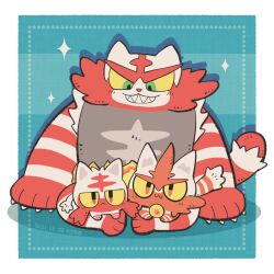 :&lt; :3 alternate_color blue_background border claws colored_sclera creatures_(company) drop_shadow evolutionary_line fang full_body game_freak gen_7_pokemon green_eyes highres incineroar karin_(100100) litten nintendo no_humans pokemon pokemon_(creature) shadow sharp_teeth shiny_pokemon sparkle striped_background teeth torracat white_border yellow_sclera