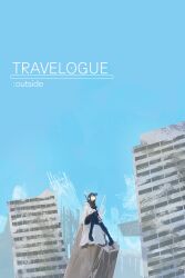 1girl absurdres baseball_cap black_hair blue_archive blue_sky building coat commentary_request english_text gun halo hat highres kani_etizen03 pants ruins saori_(blue_archive) scenery sitting sky weapon white_coat