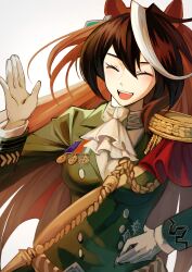 1girl aiguillette animal_ears blush brown_hair cape commentary_request cowboy_shot earrings epaulettes facing_viewer green_jacket green_skirt grey_background hair_between_eyes highres horse_ears horse_girl horse_tail jacket jewelry long_hair long_sleeves medal multicolored_hair nerutora petticoat red_cape simple_background single_earring single_epaulette skirt smile solo streaked_hair symboli_rudolf_(umamusume) tail umamusume white_hair