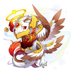1other absurdres brown_wings castigue_(dragon_village) castigue_(executor)_(dragon_village) chibi claws dragon dragon_village_(series) feathered_wings flying fur-tipped_tail furry gem halo highres looking_at_viewer looking_back moonnelno multiple_halos multiple_wings red_eyes red_gemstone simple_background white_background white_wings wings