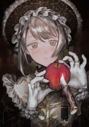 1girl apple bob_cut bonnet food fruit gloves gothic_lolita green_eyes grey_hair highres jewelry knife lolita_fashion original portrait ring tareme traditional_media ueno_zousui