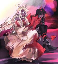 1girl 1other alternate_universe angel angel_and_devil angel_wings animal_ears antlers black_bodysuit black_hair black_shoes blonde_hair blood blood_on_clothes bodysuit borrowed_design choker commentary deer_antlers deer_ears deer_girl deltarune demon_horns demon_tail demon_wings dress english_commentary frilled_choker frilled_dress frills halo head_on_hand highres horns kris_(deltarune) long_dress long_hair long_sleeves noelle_holiday off-shoulder_dress off_shoulder red_eyes red_horns red_scarf red_tail red_wings scarf shoes short_hair signature sitritea sitting tail tail_around_own_leg white_dress white_wings wings