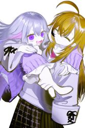 2girls absurdres ahoge arm_around_neck berry brown_hair closed_eyes colored_inner_hair colored_skin crossed_bangs earrings food-themed_earrings frilled_sleeves frills grey_hair highres hololive hololive_english hood hoodie hug jewelry koseki_bijou layered_sleeves long_hair long_sleeves looking_at_viewer multicolored_hair multiple_girls nanashi_mumei nanashi_mumei_(casual) official_alternate_costume open_mouth oversized_clothes pink_hair plaid_clothes plaid_skirt pointing pungson_mori purple_eyes purple_hair red_shirt shirt skirt sleeves_past_fingers sleeves_past_wrists smile streaked_hair sweater virtual_youtuber white_background white_skin white_sweater