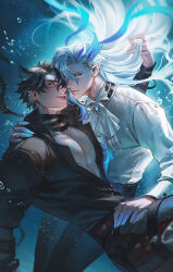 2boys air_bubble arm_around_shoulder ascot asymmetrical_bangs bandaged_arm bandaged_neck bandages black_bandages black_hair black_pants black_shirt blue_brooch blue_eyeliner blue_eyes blue_gemstone blue_streaks bubble commentary crovius ear_piercing earrings english_commentary eyeliner fingernails gem genshin_impact grey_eyes grey_pants grey_streaks hair_between_eyes hand_in_another&#039;s_hair hand_on_another&#039;s_thigh hand_up highres jewelry long_fingernails long_hair long_sleeves looking_at_another makeup male_focus multicolored_hair multiple_boys neuvillette_(genshin_impact) open_clothes open_shirt pants parted_lips pectoral_cleavage pectorals piercing pointy_ears sharp_fingernails shirt short_hair smile streaked_hair stud_earrings underwater white_ascot white_hair white_shirt wriothesley_(genshin_impact) yaoi