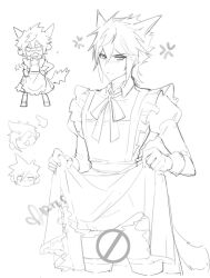 Rule 34 | 3boys, :3, anger vein, angry, animal ears, apron, aries20770321, blush, cat boy, cat ears, cat tail, censored, chinese commentary, closed eyes, clothes grab, cloud strife, commentary request, crossdressing, crossdressing (mtf), dress, embarrassed, final fantasy, final fantasy vii, final fantasy xv, frilled apron, frills, hand up, happy, jitome, juliet sleeves, kemonomimi mode, lifting own clothes, long sleeves, maid, maid apron, male focus, monochrome, multiple boys, neck ribbon, noctis lucis caelum, prompto argentum, puffy sleeves, ribbon, short hair, signature, sketch, spiked hair, spoken anger vein, standing, tail, thighhighs, white background, wing collar