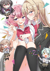 5girls absurdres amaori_renako black_hair black_jacket black_pantyhose black_thighhighs blazer blonde_hair blue_eyes blush bow bowtie braid breasts brown_hair carrying chibi chibi_inset closed_eyes closed_mouth collared_shirt commentary_request confetti crossed_arms disdain double-parted_bangs embarrassed fang feet_out_of_frame full_body green_hair grey_skirt grey_sweater_vest hair_ornament hair_over_shoulder hairclip half_up_braid hand_up highres jacket jitome koto_satsuki koyanagi_kaho large_breasts light_frown long_bangs long_hair long_sidelocks long_sleeves looking_at_viewer medium_hair multiple_girls one_eye_closed open_mouth ouzuka_mai ozawa_sayori pantyhose party_popper pink_hair plaid_clothes plaid_skirt pleated_skirt princess_carry purple_eyes raised_eyebrows red_bow red_bowtie school_uniform sena_ajisai shirt side_braid sidelocks sideways_glance skin_fang skirt smile standing sweatdrop sweater_vest thighhighs upper_body v very_long_hair watashi_ga_koibito_ni_nareru_wake_naijan_murimuri! wavy_mouth white_shirt yellow_eyes yuri zettai_ryouiki