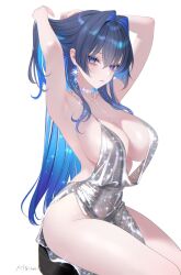 1girl 707arisu armpits arms_behind_head arms_up artist_name backless_dress backless_outfit blue_eyes blue_hair breasts choker cleavage closed_mouth colored_inner_hair commentary cosplay dress earrings evening_gown glitter_dress grey_dress hair_between_eyes hair_intakes hashtag-only_commentary highres hololive hololive_english jewelry large_breasts long_hair looking_at_viewer multicolored_hair on_chair on_stool ouro_kronii side_slit sideboob sideless_dress sidelocks simple_background sitting solo st._louis_(azur_lane) st._louis_(azur_lane)_(cosplay) st._louis_(luxurious_wheels)_(azur_lane) very_long_hair virtual_youtuber white_background