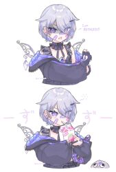 1girl bandaid bandaid_on_cheek bandaid_on_face bandaid_on_nose blush chest_jewel choker commentary drinking ear_piercing fingerless_gloves gem gloves hololive hololive_english jacket koseki_bijou koseki_bijou_(casual) milk milk_carton official_alternate_costume official_alternate_hair_length official_alternate_hairstyle one_eye_covered pebble_(koseki_bijou) piercing purple_eyes purple_gemstone two-sided_fabric two-sided_jacket virtual_youtuber yamiescupid