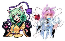3rdeye_suki animal_ears animal_hands blush cat_ears cat_paws frills green_hair happy highres komeiji_koishi komeiji_satori messy_hair pink_hair third_eye wavy_hair