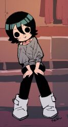 1girl bare_shoulders black_eyes black_hair boots closed_mouth full_body hair_between_eyes highres indoors knives_chau leggings looking_at_viewer scott_pilgrim_(series) short_hair signature sitting smile solo sweater tetsu_(teppei) white_boots