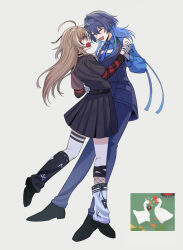 2girls :o ahoge ballroom_dancing belt bird black_choker black_leg_warmers black_shirt black_sweater blue_hair blue_necktie blue_shirt blue_suit brown_hair choker cleavage_cutout closed_eyes clothing_cutout dancing detached_sleeves dress_shirt dress_shoes emo_fashion fang flustered formal_clothes friend_(nanashi_mumei) game_screenshot_inset goose grey_background hair_intakes highres holding_hands hololive hololive_english hotcat_(box_1227) leg_warmers long_hair multicolored_hair multiple_girls nanashi_mumei nanashi_mumei_(emo) necktie open_mouth ouro_kronii platform_shoes red_sweater shirt shirt_tucked_in skin_fang streaked_hair striped_clothes striped_sweater suit sweater sweater_under_shirt t-shirt two-tone_sweater untitled_goose_game very_long_hair virtual_youtuber white_leg_warmers wolf_cut yuri