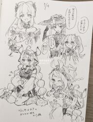 Rule 34 | 1boy, 4girls, absurdres, ahoge, animal ears, arm at side, arm up, arm warmers, armlet, armor, arms at sides, art tools in frame, bandaid, bandaid on knee, bandaid on leg, bare shoulders, bell, blunt bangs, blunt ends, blush, bodysuit, bow, braid, bridal gauntlets, candy, collarbone, cow ears, cow horns, cropped shirt, crown braid, curled fingers, dated, detached collar, detached sleeves, double-parted bangs, dress, ear bell, eyelashes, fin hair ornament, fingerless gloves, fingernails, food, frilled sleeves, frills, gauze, gauze on cheek, genshin impact, giving, gloves, graphite (medium), greyscale, hair between eyes, hair ornament, hairband, half gloves, hand on own stomach, hat, heart, height difference, high ponytail, highres, horns, hungry, japanese armor, japanese clothes, jewelry, jingasa, kimono, kote, large bow, leaf, leaf hair ornament, leg warmers, long hair, looking at another, looking at viewer, mandarin collar, midriff, monochrome, mualani (genshin impact), multiple girls, nahida (genshin impact), navel, notice lines, one eye closed, open clothes, open kimono, open mouth, paper, photo (medium), pleated skirt, pointy ears, ponytail, raised eyebrows, ribbed gloves, ribbed leg warmers, running, sangonomiya kokomi, scaramouche (genshin impact), shoes, short eyebrows, short sleeves, shoulder peek, side ponytail, sidelocks, sitting, sketch, skirt, smile, speech bubble, strapless, strapless dress, tearing up, tenpi (hello 3152), traditional media, translation request, twin braids, varesa (genshin impact), very long hair, wanderer (genshin impact), wariza, wispy bangs, x hair ornament