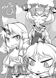 3girls arms_under_breasts asakawa_remon bowl breasts chopsticks closed_eyes closed_mouth cowboy_shot fish food food_in_mouth fox_girl fox_tail greyscale grin half_updo hands_in_opposite_sleeves horns hoshiguma_yuugi large_breasts long_hair looking_at_viewer looking_down meandros mizuhashi_parsee monochrome multiple_girls multiple_tails noodles open_mouth pointy_ears ramen scarf shirt short_hair short_sleeves single_horn smile star_(symbol) t-shirt tail touhou triangle_mouth v-shaped_eyebrows yakumo_ran