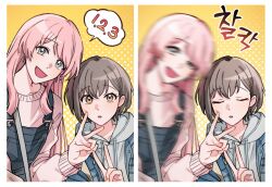 2girls bak_pep bang_dream! bang_dream!_it&#039;s_mygo!!!!! blue_jacket blue_overalls brown_eyes cheek_poking chihaya_anon closed_eyes earrings fang grey_eyes grey_hair hood hoodie jacket jewelry long_hair long_sleeves looking_at_viewer multiple_girls overalls pink_hair pink_sweater poking selfie smear_frame sweater takamatsu_tomori v white_hoodie