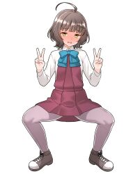 1girl absurdres ahoge aqua_bow aqua_bowtie black_shoes blunt_bangs bow bowtie collared_shirt commentary_request commission cowboy_shot double_v dress full_body furaggu_(frag_0416) highres kantai_collection kishinami_(kancolle) pantyhose pinafore_dress pixiv_commission purple_pantyhose red_dress shirt shoes short_hair simple_background sleeveless sleeveless_dress sneakers solo squatting standing v variant_set white_background white_shirt yellow_eyes