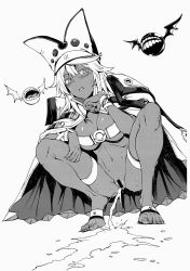 1girl barefoot belt_bra blush breasts cape censored dark-skinned_female dark_skin erect_sawaru feet guilty_gear guilty_gear_xrd hair_between_eyes hat highres looking_at_viewer medium_breasts monochrome navel open_mouth peeing pussy ramlethal_valentine solo squatting stomach sweat sweatdrop thigh_strap tiptoes white_cape