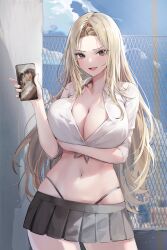 1girl absurdres black_skirt blonde_hair breast_hold breasts brown_eyes chain-link_fence cleavage collared_shirt cowboy_shot crop_top day fence forehead front-tie_top hand_up highleg highres holding holding_phone large_breasts lillly long_hair looking_at_viewer midriff miniskirt navel no_bra open_mouth original outdoors panty_straps parted_bangs phone pleated_skirt shirt short_sleeves skindentation skirt smile solo stomach v-shaped_eyebrows very_long_hair white_shirt