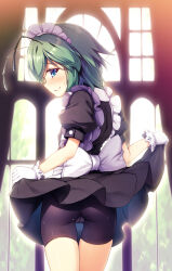 Rule 34 | 1girl, alternate costume, antennae, apron, bike shorts, black dress, black shorts, blue eyes, blush, cameltoe, chima q, closed mouth, clothes lift, commentary request, cowboy shot, dress, dress lift, enmaided, gloves, green hair, highres, lifting own clothes, maid, maid apron, maid headdress, puffy short sleeves, puffy sleeves, short hair, short sleeves, shorts, solo, speech bubble, textless version, touhou, white apron, white gloves, wriggle nightbug