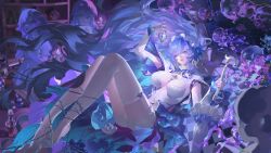 1girl absurdres age_comparison blue_eyes blue_flower blue_rose bottle breasts candlestand cantarella_(wuthering_waves) chinese_commentary closed_umbrella commentary_request dress earrings flower garter_straps hair_between_eyes hair_flower hair_ornament headdress high_heels highres holding holding_bottle holding_umbrella jellyfish jewelry large_breasts long_hair looking_at_object official_art parasol parted_lips plant purple_hair rose shoes shrug_(clothing) shuangbatian single_garter_strap single_thighhigh solo thighhighs thighs umbrella very_long_hair vines white_dress white_garter_straps white_shoes white_shrug white_thighhighs wuthering_waves