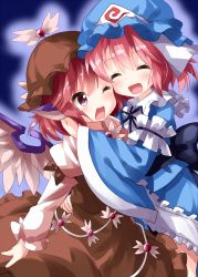2girls ^_^ animal_ears bird_ears bird_wings black_background black_ribbon blue_headwear blue_kimono brown_dress brown_headwear closed_eyes closed_mouth cowboy_shot dress hair_between_eyes hat highres holding_person japanese_clothes juliet_sleeves kimono long_sleeves looking_at_another looking_at_viewer mob_cap multiple_girls mystia_lorelei neck_ribbon one_eye_closed petticoat pink_eyes pink_hair puffy_sleeves ribbon ruu_(tksymkw) saigyouji_yuyuko short_hair simple_background smile spiral tears touhou triangular_headpiece white_wings wide_sleeves winged_hat wings