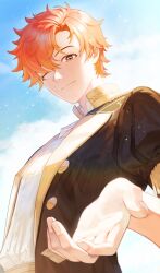 1boy absurdres arm_up black_jacket brown_eyes closed_mouth cloud collared_jacket commentary_request cowboy_shot curtained_hair fire_emblem fire_emblem:_three_houses garreg_mach_monastery_uniform highres jacket korean_commentary lapels male_focus nintendo open_clothes open_jacket orange_hair outstretched_hand parted_hair popped_collar school_uniform shirt short_hair sky smile solo sylvain_jose_gautier white_shirt winter_1242