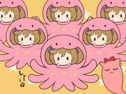 1girl blush_stickers bow brown_hair chibi chibi_only commentary_request gomashio_(goma_feet) hair_bow looking_at_viewer multiple_views no_mouth octopus_costume purple_bow red_bow short_hair smart_falcon_(umamusume) star_(symbol) star_symbol_background twintails umamusume white_bow yellow_background |_|