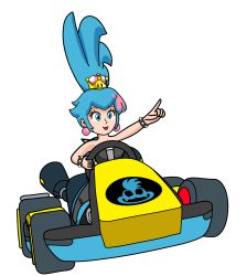 1girl blue_eyes blue_hair bracelet breasts crest dress genderswap genderswap_(mtf) hair_ornament highres jewelry kart larry_koopa light_blue_hair logo looking_afar mario_(series) mario_kart new_super_mario_bros._u_deluxe nintendo pink_earrings short_hair sitting spiked_bracelet spiked_shell spikes star_(symbol) star_hair_ornament strapless strapless_dress super_crown wheel