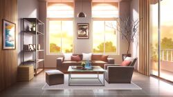 apartment balcony bare_tree blurry blurry_background boat book ceiling_light cloud cloudy_sky couch curtains drop_shadow footrest glass_table glowing gradient_background highres indoors no_humans non-web_source official_art orange_light our_life:_beginnings_and_always painting_(object) photo_(object) pillow plant potted_plant railing rug sailboat scenery shelf sky sunset table tree tree_ornament watercraft window_light