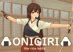 1girl absurdres akagi_(kancolle) blush bow_(weapon) brown_eyes brown_gloves brown_hair commentary english_text food food_on_face gloves hakama highres holding holding_bow_(weapon) holding_weapon japanese_clothes kantai_collection kimono long_hair mouth_hold muneate onigiri partially_fingerless_gloves partly_fingerless_gloves pink_nails pot-de red_hakama rice rice_on_face single_glove solo twitter_username weapon white_kimono yugake