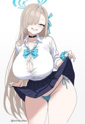 Rule 34 | 1girl, asuna (blue archive), asuna (school uniform) (blue archive), blonde hair, blue archive, blue eyes, blue halo, blue panties, blue skirt, blush, breasts, button gap, choker, cleavage, clothes lift, collarbone, grin, groin, hair over one eye, hair ribbon, halo, highres, huge breasts, lifting own clothes, long hair, looking at viewer, onli720justmao, panties, pleated skirt, ribbon, school uniform, scrunchie, shirt, side-tie panties, skirt, skirt lift, smile, solo, squinting, teasing, thighs, underwear, very long hair, white shirt, wrist scrunchie