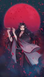 Rule 34 | 1boy, ahoge, artist name, bishounen, black hair, black hanfu, chinese clothes, coat, colored smoke, commentary, dizi, english commentary, falling petals, floating hair, flute, flute tassel, full moon, grey coat, hair down, hair ribbon, half updo, hands up, hanfu, highres, holding, holding flute, holding instrument, instrument, long hair, long sleeves, looking at viewer, male focus, minataka94, modao zushi, moon, music, night, official alternate costume, official alternate hairstyle, open clothes, open coat, outdoors, parted lips, petals, playing flute, playing instrument, red eyes, red moon, red petals, red ribbon, ribbon, robe, sash, sky, smile, smoke, solo, standing, tassel, transverse flute, very long hair, wei wuxian, wei wuxian (yiling laozu), wide sleeves, wind