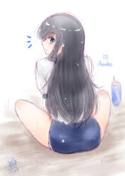 Rule 34 | 1girl, alternate costume, asashio (kancolle), blue buruma, blue eyes, blush, bottle, buruma, character name, gym shirt, gym uniform, indian style, kantai collection, koshigaya tatsumi, long hair, looking at viewer, looking back, one-hour drawing challenge, shirt, sitting, solo, water bottle, white shirt, wooden floor