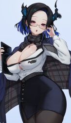 1girl :o absurdres adjusting_eyewear asymmetrical_horns bangs_pinned_back belt black_hair black_horns black_jacket black_scarf black_skirt blue_background blue_hair blush breasts bursting_breasts button_gap cleavage collared_shirt colored_inner_hair commentary contrapposto cowboy_shot curtained_hair earrings flower forehead glasses gold_earrings gold_necklace hashtag-only_commentary high-waist_skirt highres holding holding_tablet_pc hololive hololive_english horn_flower horns jacket jacket_on_shoulders jewelry large_breasts long_sidelocks looking_at_viewer looking_over_eyewear mole mole_under_eye multicolored_hair narrow_waist necklace necklace_between_breasts nerissa_ravencroft nerissa_ravencroft_(casual) office_lady official_alternate_costume official_alternate_hair_length official_alternate_hairstyle open_mouth parted_bangs partially_unbuttoned pencil_skirt red_eyes ring scand_draw scarf semi-rimless_eyewear shirt short_hair side_slit sidelocks simple_background skirt solo tablet_pc underboob uneven_horns virtual_youtuber white_shirt wide_hips