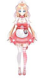 1girl ankle_garter apron armband artist_request asymmetrical_legwear bandaid bandaid_on_cheek bandaid_on_face blonde_hair blood blood_bag blood_type blue_eyes blush bow bowtie breasts cleavage closed_mouth cross cross_print dress frilled_dress frills full_body hair_ribbon hat highres indie_virtual_youtuber legwear_garter long_hair medium_breasts mismatched_legwear nurse nurse_cap o-ring o-ring_legwear_garter pink_bow pink_bowtie pink_dress pink_ribbon pink_shoes pink_thighhighs puffy_short_sleeves puffy_sleeves red_sash ribbon sash second-party_source shoes short_sleeves simple_background single_legwear_garter smile solo standing striped_clothes striped_thighhighs sugar_ser0 tachi-e thighhighs virtual_youtuber waist_apron white_apron white_background white_thighhighs zettai_ryouiki