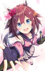 1girl :d animal_ears blue_eyes brown_hair commentary_request detached_sleeves ear_covers flower hair_flower hair_ornament highres holding holding_microphone horse_ears horse_girl long_hair looking_at_viewer microphone murasaki_himuro open_mouth pink_flower pink_sleeves red_flower sakura_chiyono_o_(umamusume) short_hair smile solo umamusume