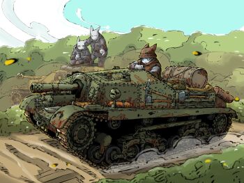 Rule 34 | 43m zrinyi, bush, cannon, cat boy, caterpillar tracks, dirt road, drum (container), hammer, highres, hill, mattock, military vehicle, motor vehicle, original, road, shovel, tank, turretless tank, yabarn