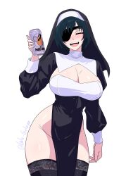 1girl absurdres alcohol artist_name beer beer_can black_dress black_thighhighs black_veil blush breasts can chainsaw_man cleavage cleavage_cutout clothing_cutout dress drink drink_can eyepatch facing_viewer gratam guimpe highres himeno_(chainsaw_man) holding holding_can holding_drink lace lace_trim large_breasts light_blush no_panties nun one_eye_closed short_hair simple_background smile solo thick_thighs thighhighs thighs twitter_username veil white_background