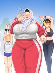 3girls alv4febrian arms_up ayuu_(alv4febrian) black_hair black_pants black_sports_bra blonde_hair blue_shorts blush breasts closed_eyes covered_navel eka_(alv4febrian) glasses green_hair grey_jacket grin highres hijab huge_breasts jacket multicolored_nails multiple_girls navel onie_(alv4febrian) open_mouth original pants plump red_pants red_sleeves round_eyewear shirt short_shorts shorts sleeveless sleeveless_shirt smile sports_bra teeth track_suit upper_teeth_only white_hijab white_shirt